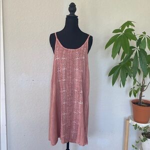 Bohemian Embroidered Mini Dress Pink Spaghetti Strap Shift Dress, Romantic Indie